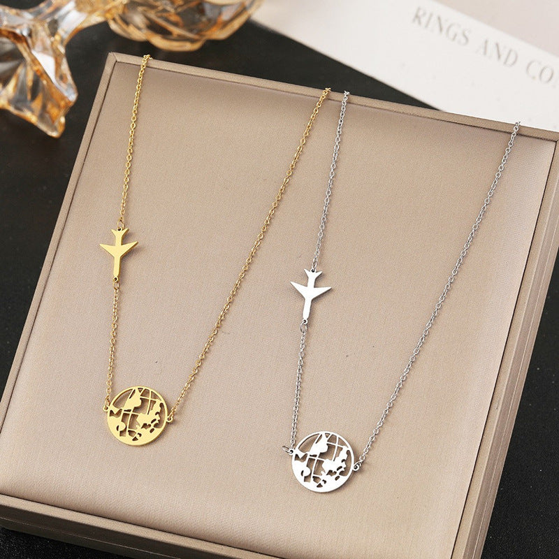 Minimalist Stainless Steel Airplane and World Map Pendant Necklace with Gold or Silver Plating