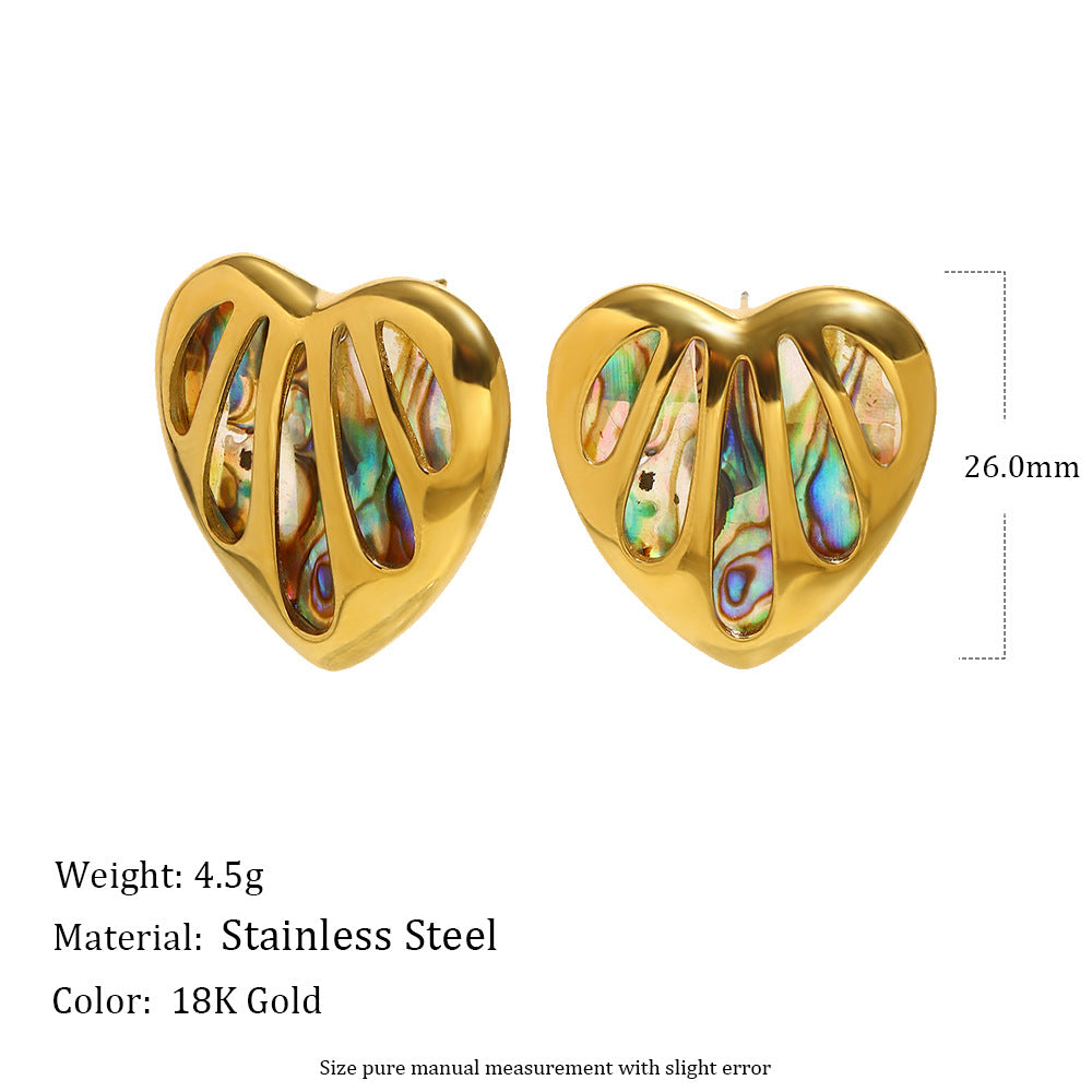 Pendientes de concha de abulón bañados en oro de 18 quilates de acero inoxidable con diseño de corazón geométrico minimalista elegante