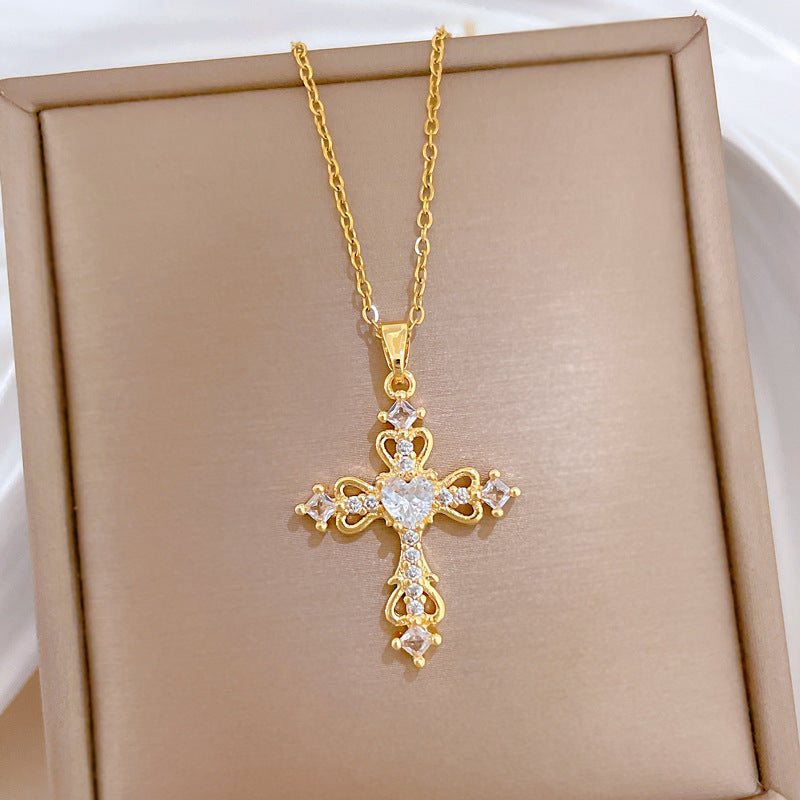 Sweet Hollow Heart Cross Rhinestone Titanium Steel Necklace for Unisex