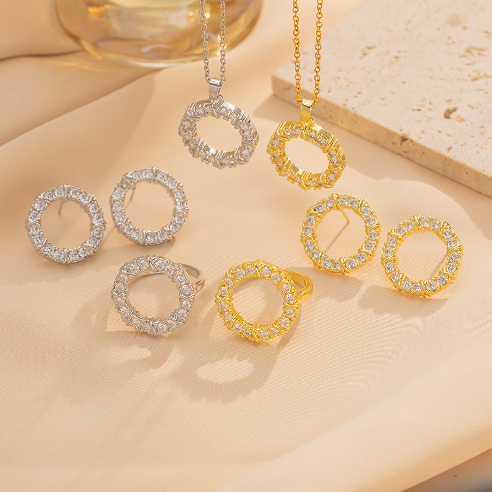 Luxury Minimalist Round Geometric Necklace Ring Set in Titanium Steel with Gold Plating and Rhinestone Inlay for Women