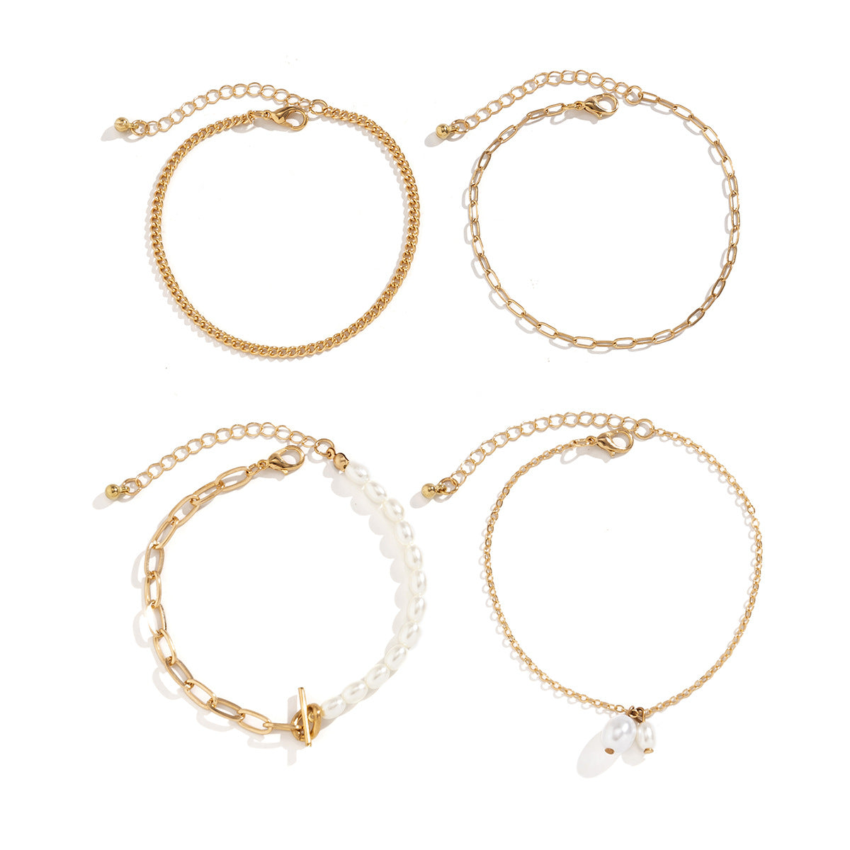 Minimalist Geometric Alloy Anklet Set with Hollow-Out OT Clasp and Imitation Pearl Beads for Women