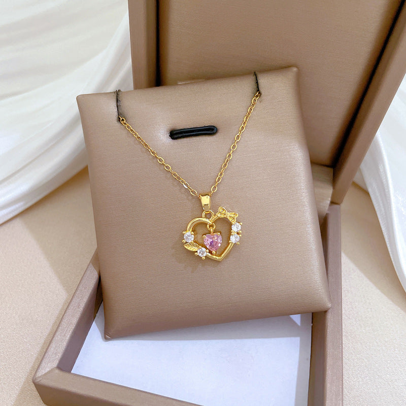 Elegant Heart Bow Pendant Necklace for Women Stainless Steel Chain with Rhinestone Accents Minimalist Geometric Design