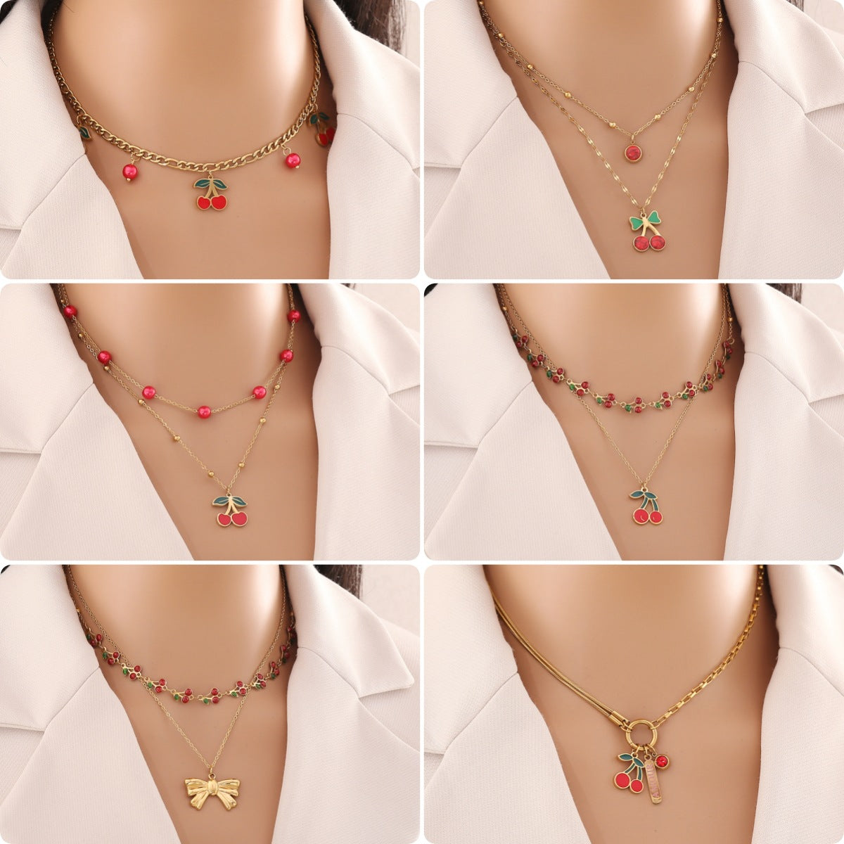 Cherry-Shaped Pendant Necklace in Stainless Steel with Plated Finish, Fashionable Double-Layer O-Chain for Women