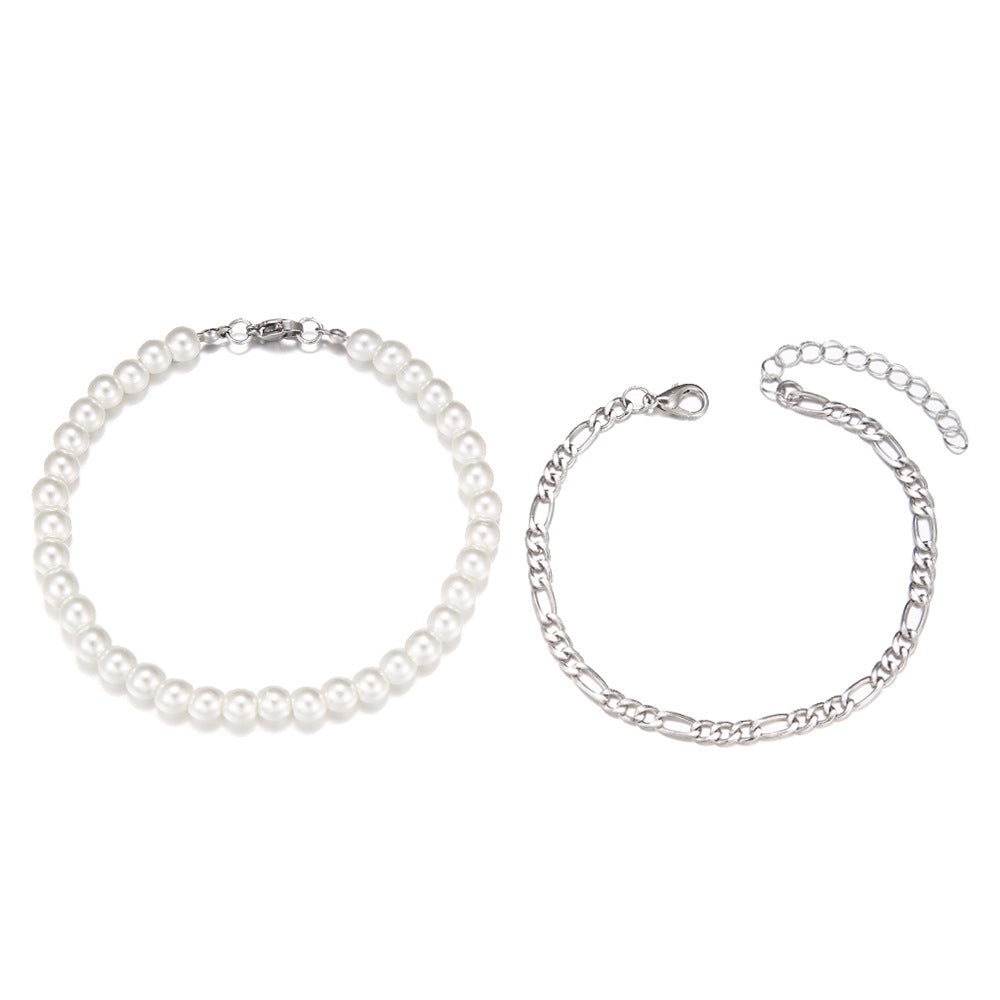 Minimalist Geometric Round Pearl Handmade Brass Iron Chain Bracelet Unisex