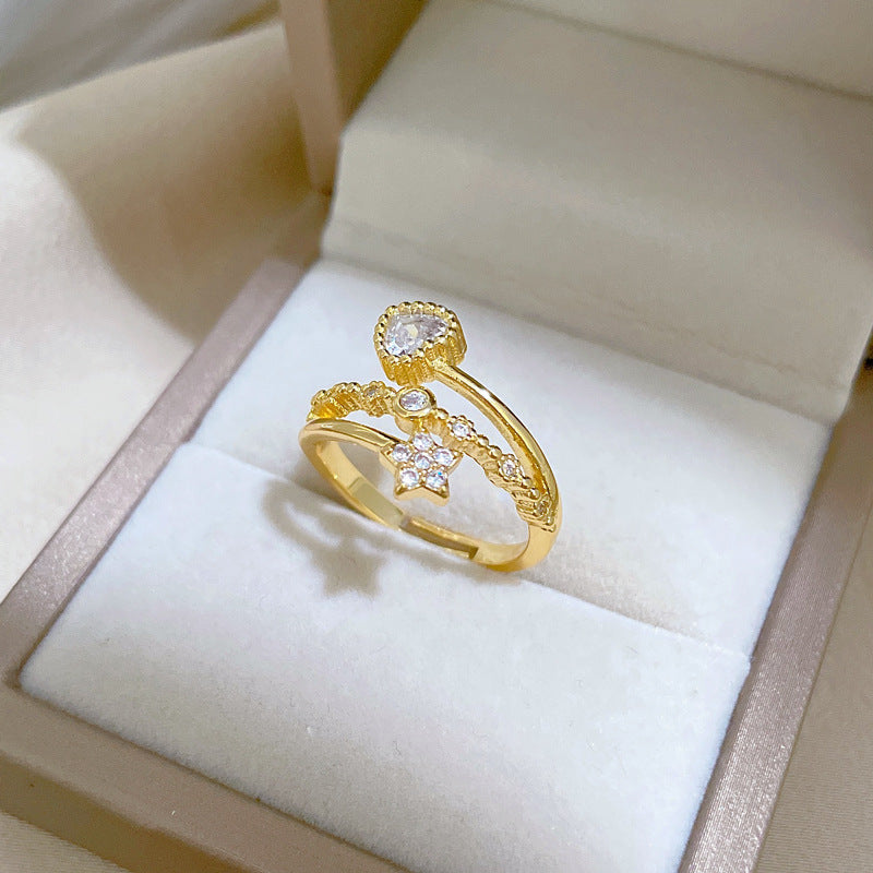 Kawaii Fresh and Sweet Plated Brass Heart Star Ring Adjustable Minimalist Jewelry for Women