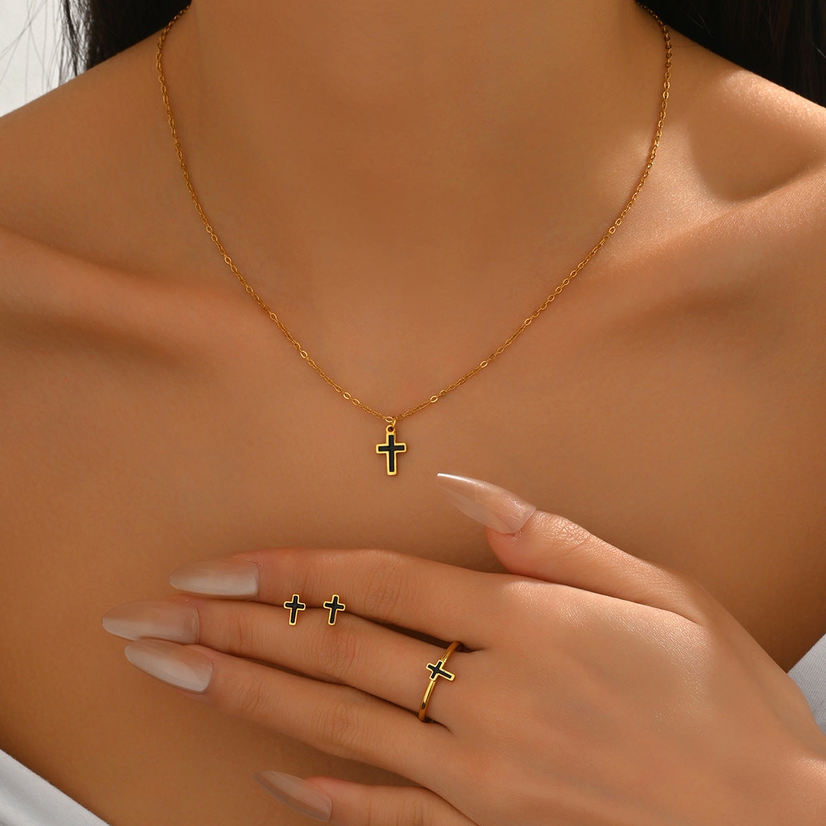 Fashion Geometric Cross Pendant Necklace Set with Enamel Finish for Women Including Earrings and Bracelet