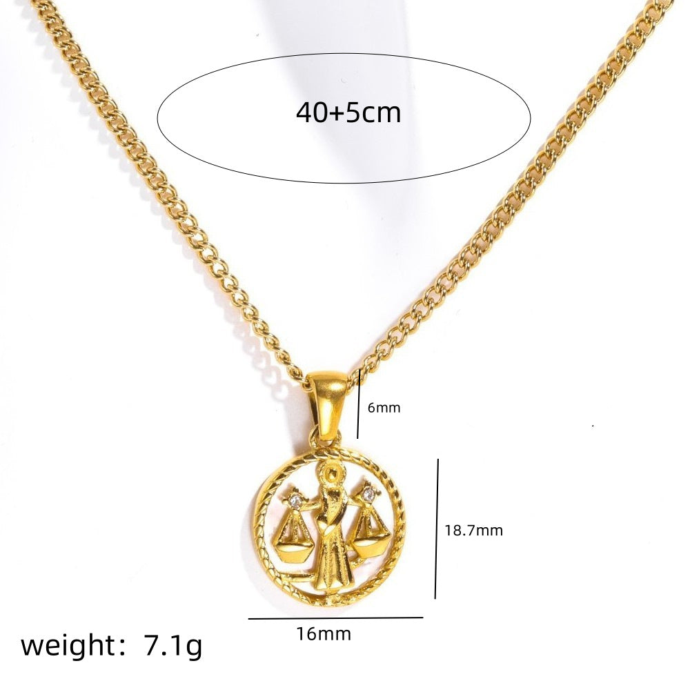 18K Gold Plated Titanium Steel Round Zodiac Coin Necklace PVD Finish Unisex