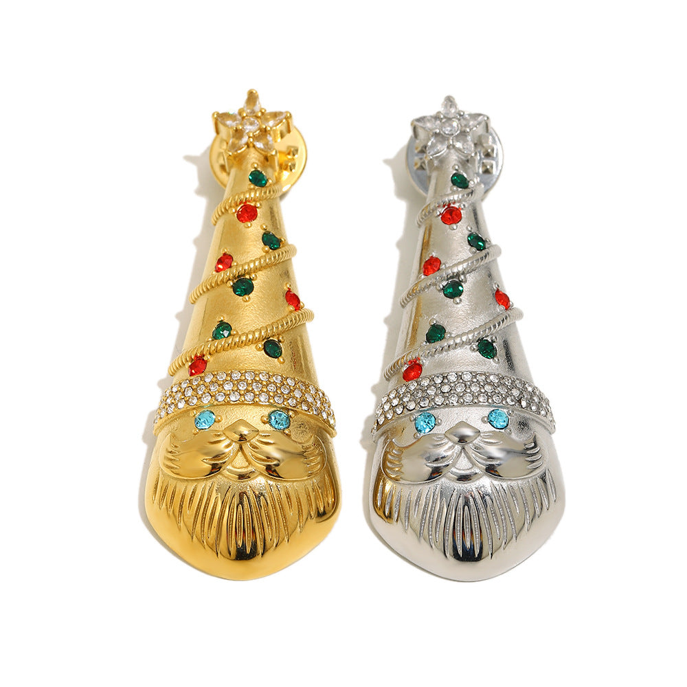 Luxury Minimalist Geometric Christmas Hat Brooch Stainless Steel 18K Gold Plated Colorful Rhinestone Fashion Pin for Women