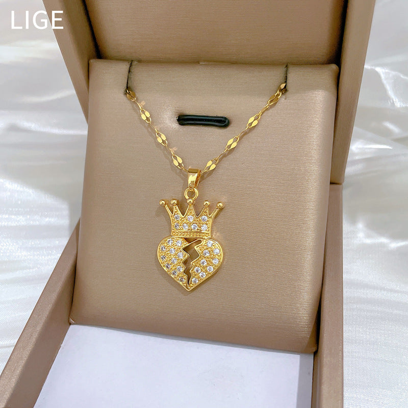 Collar de lujo con colgante de corazón de corona de acero de titanio para mujer con incrustaciones de diamantes de imitación, diseño geométrico, delicada cadena para la clavícula