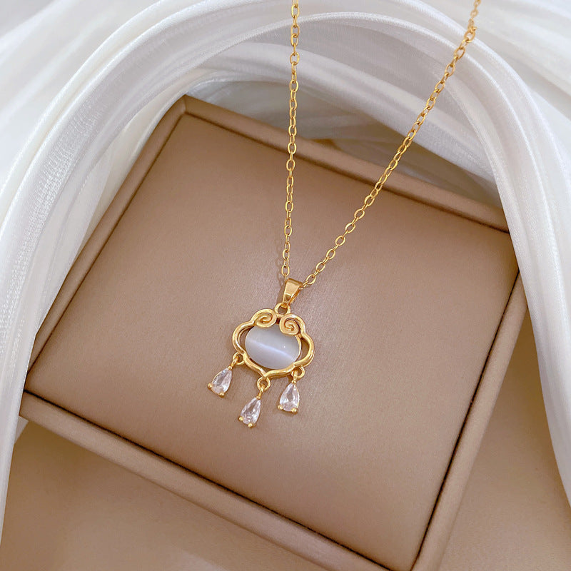 Luxury Titanium Steel Cat's Eye Stone Lucky Lock Pendant Necklace for Women with Full Rhinestone Inlay and Geometric Design for Clavicle Styling
