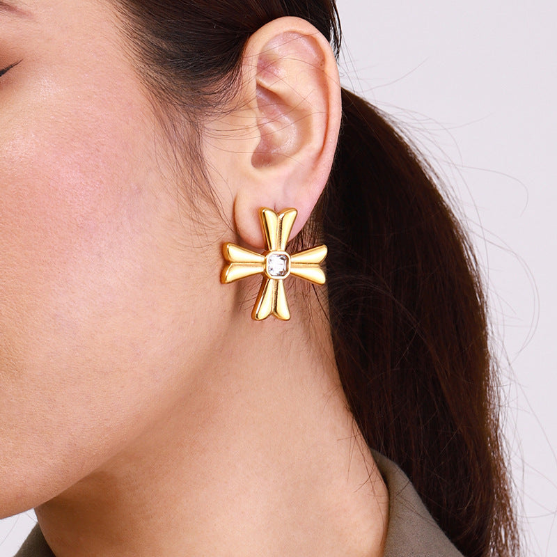 Pendientes de titanio con forma de cruz minimalista para mujer, con incrustaciones de pedrería y acabado chapado
