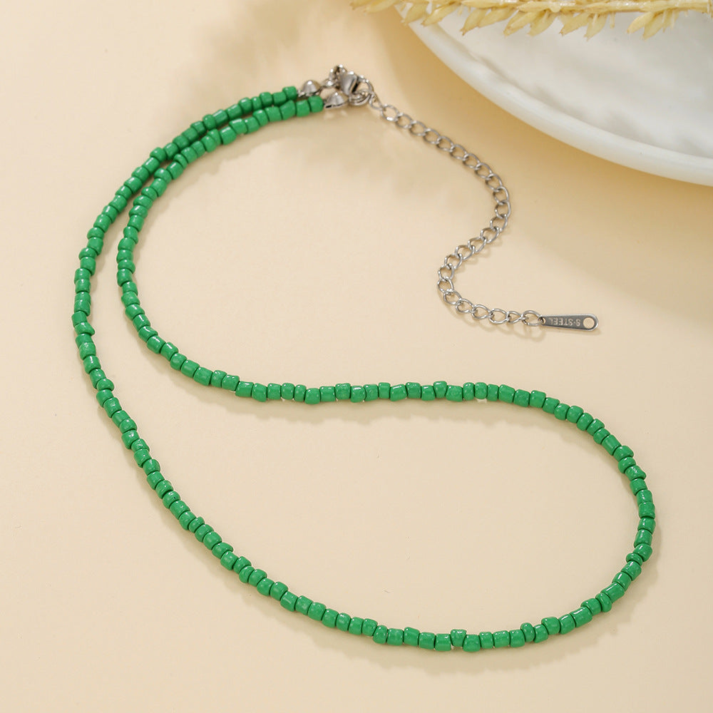 Casual Geometric Round Glass Beaded Ball Chain Necklace Handmade Double Layer