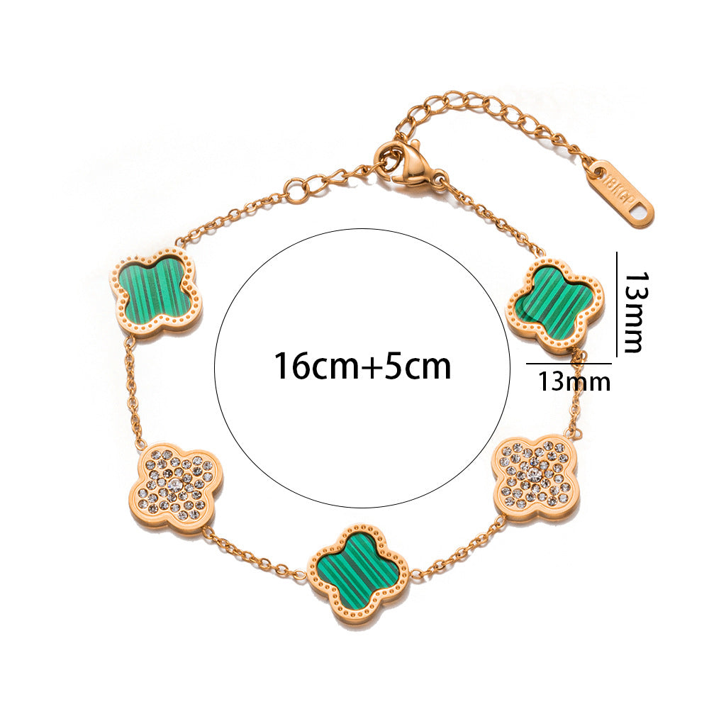 Fashion 18K Rose Gold Plated Titanium Steel Four-Leaf Clover Rhinestone Bracelet for Women