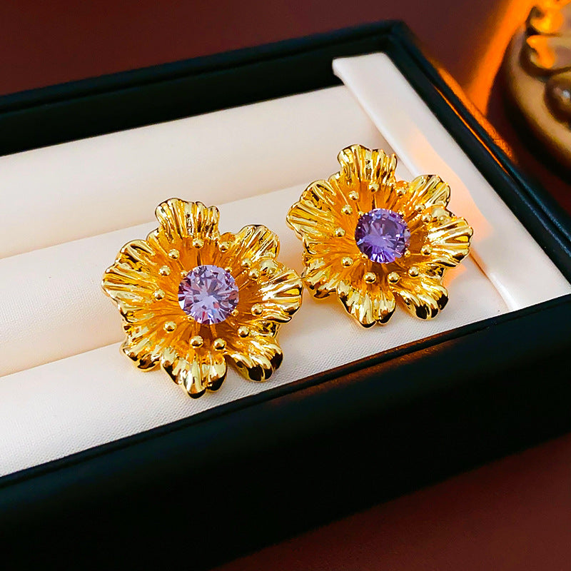 Orecchini Vintage da Donna con Motivo Floreale Geometrico, Placcatura in Oro e Intarsi in Zirconi