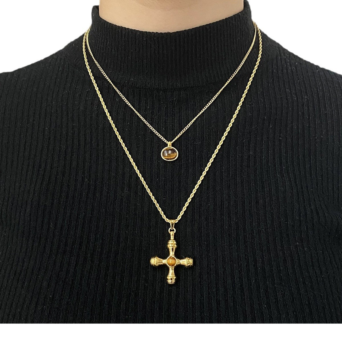 Geometric Tiger Eye Pendant Necklace in Stainless Steel with Plated Finish for Women Minimalist Locket Chain Jewelry