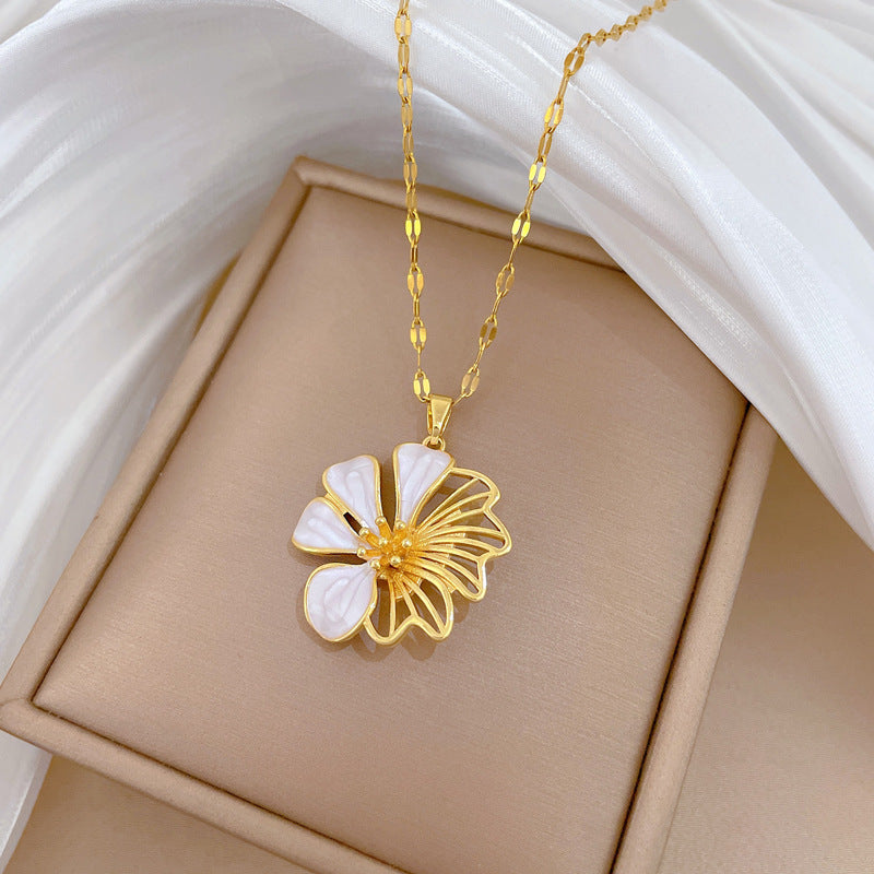 Sweet Elegant Floral Drip Oil Rhinestone Pendant Necklace Titanium Steel Cable Chain