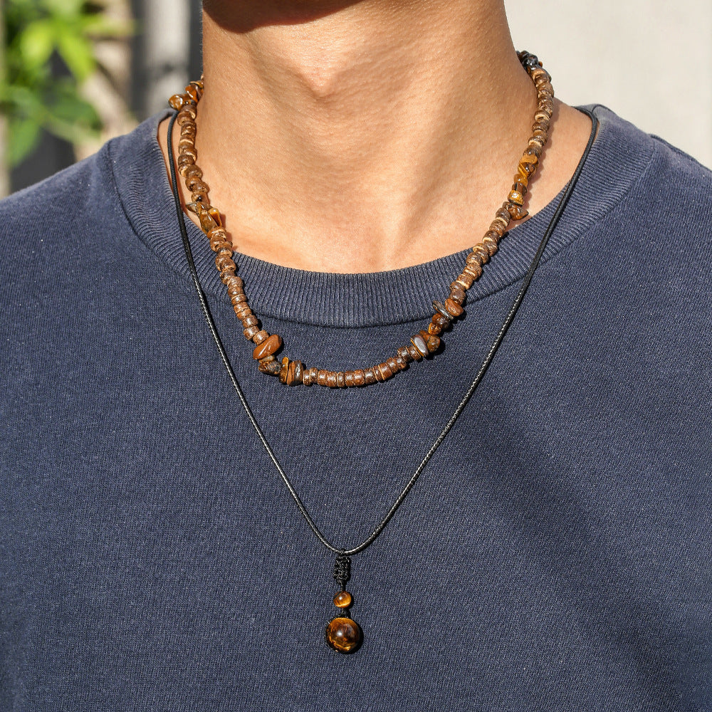 Casual Geometric Tiger Eye Coconut Shell Handmade Waxed Cord Necklace for Men and Women
