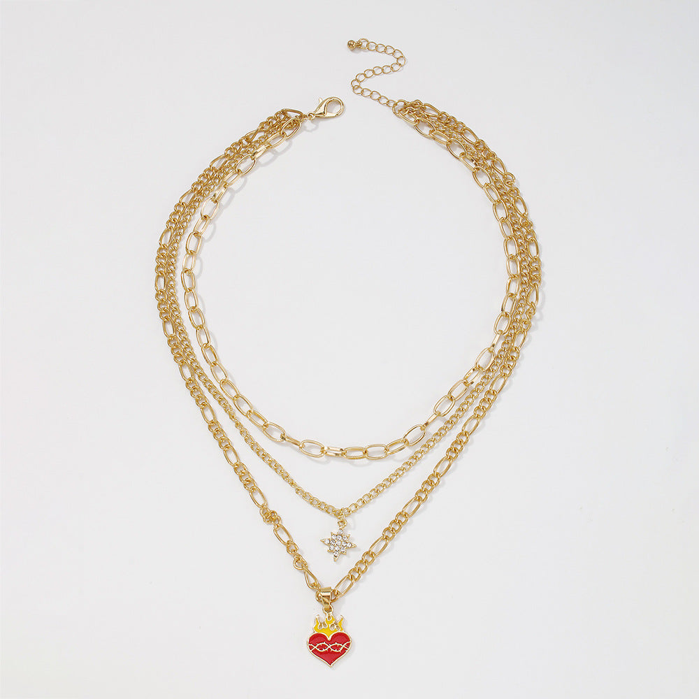 Dulce y Atrevido Collar con Colgante de Estrella Geométrica de Ocho Puntas con Corazón Esmaltado en Aleación con Incrustaciones de Pedrería en Cadena Estándar