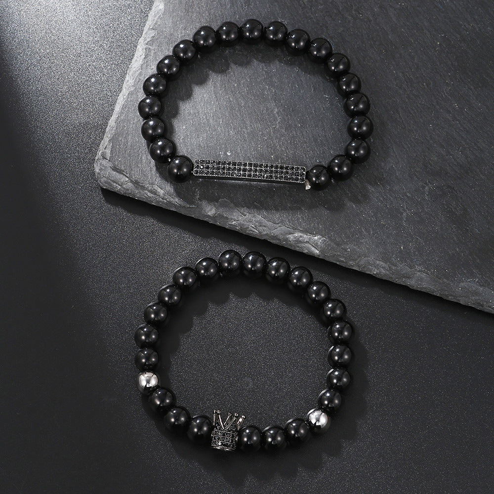 Minimalist Geometric Matte Black Agate and Cubic Zirconia Crown Bracelet Set
