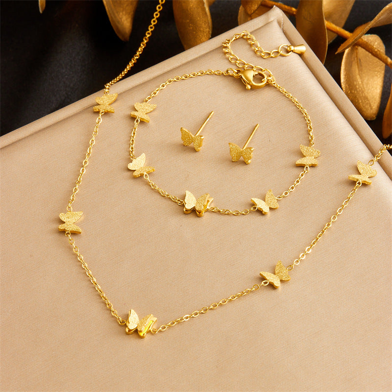 Minimalist Gold Plated Stainless Steel Heart Butterfly Teardrop Pearl Jewelry Set for Women