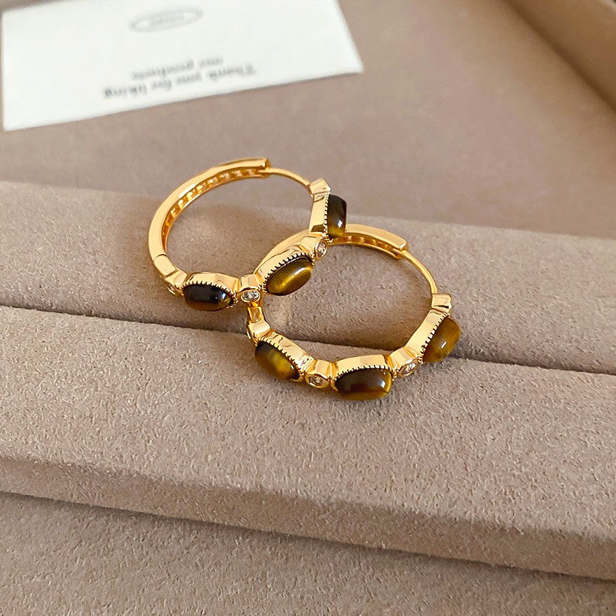 Orecchini a perno in acciaio al titanio con forme geometriche, zirconi e occhio di tigre, da donna, stile minimalista di lusso per l'ufficio e l'uso quotidiano