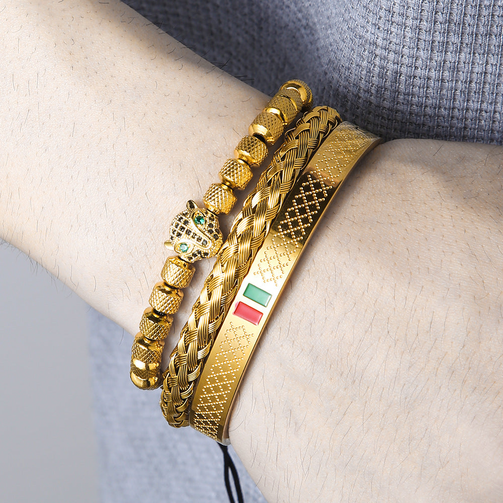Hip-hop Men's Brass Cubic Zirconia Leopard Head Stainless Steel Bracelet Cuff Set