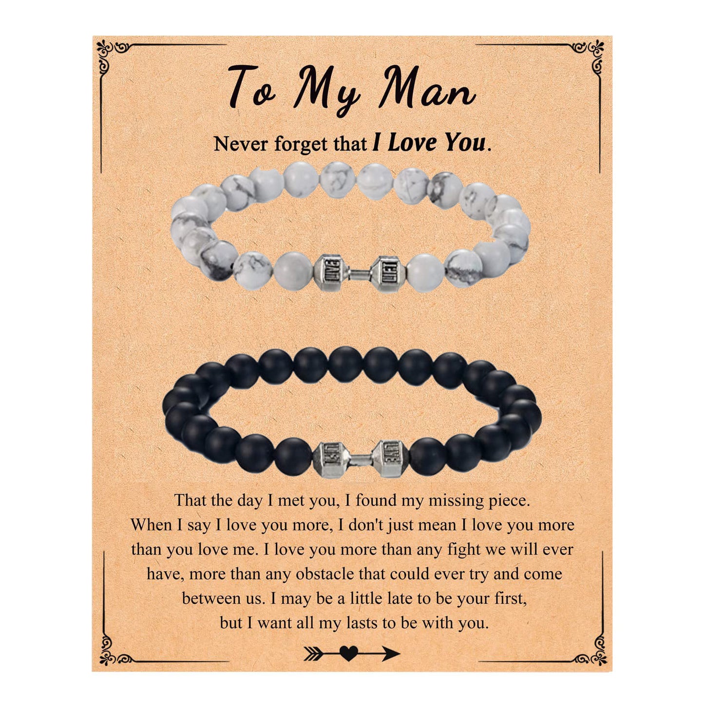 Minimalist Black and White Matte Geometric Dumbbell Pendant Turquoise Beaded Bracelet Set for Couples