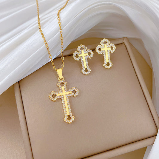Sweet Minimalist Hollow Cross Moon Rhinestone Titanium Steel Necklace Set with Curb Chain for Unisex