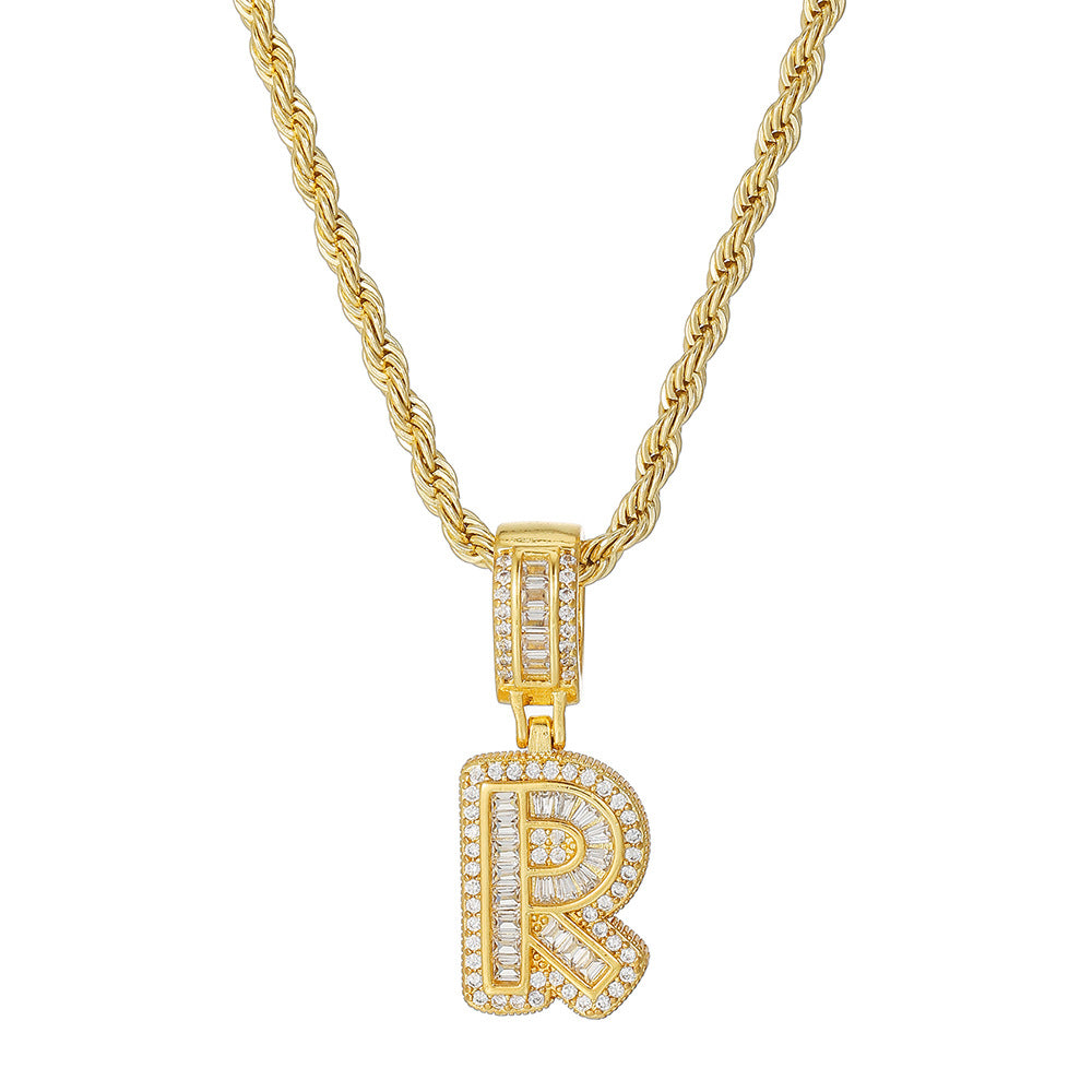 Personalized 18K Gold Plated Brass Cubic Zirconia Letter Pendant Necklace with Stainless Steel Rope Chain