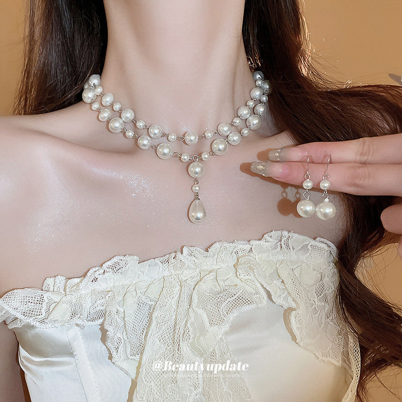 Collar con colgante de perlas de estilo vintage francés con pendientes de gancho para mujer, delicada cadena de clavícula, joyería de lujo minimalista