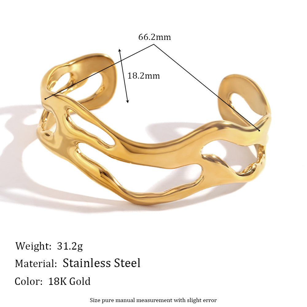Minimalist Wave Hollow Stainless Steel Bracelet for Women with 18K Gold Plating