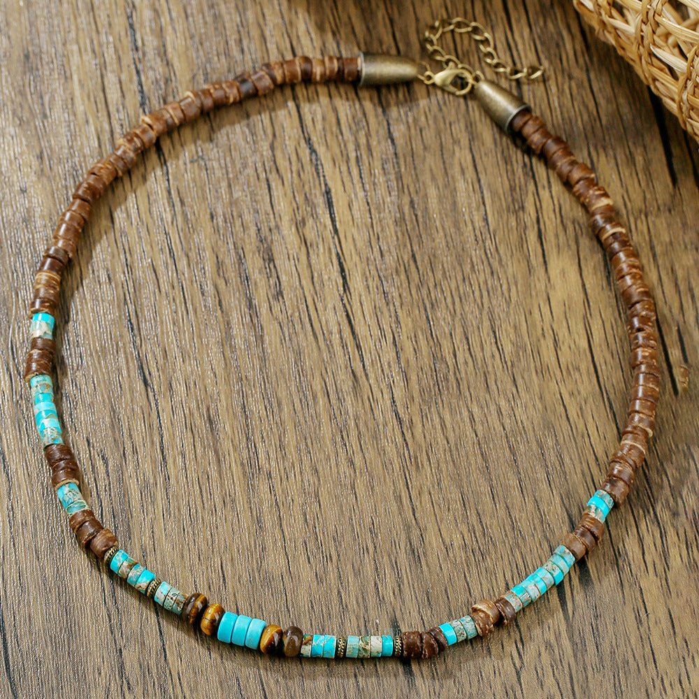 Minimalist Geometric Coconut Shell and Natural Gemstone Spacer Necklace for Men and Women