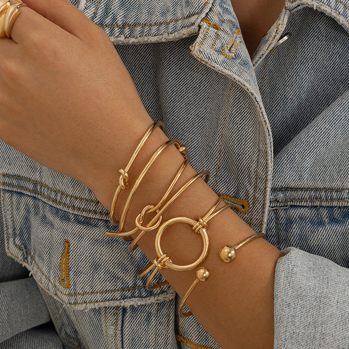 Minimalist Double Layer Hollow Knot Open Cuff Bracelet Geometric Line Design Gold Plated Alloy Jewelry for Women