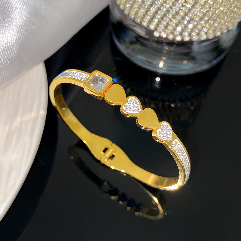 Minimalist Sweet Heart Rhinestone Inlaid Titanium Steel Plated Spring Open Bangle