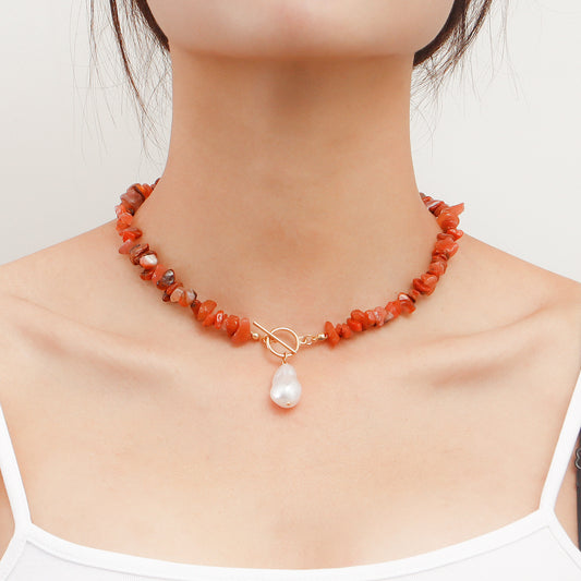 Collar de aleación geométrico minimalista con detalles de perlas y colgante de turquesa para mujer