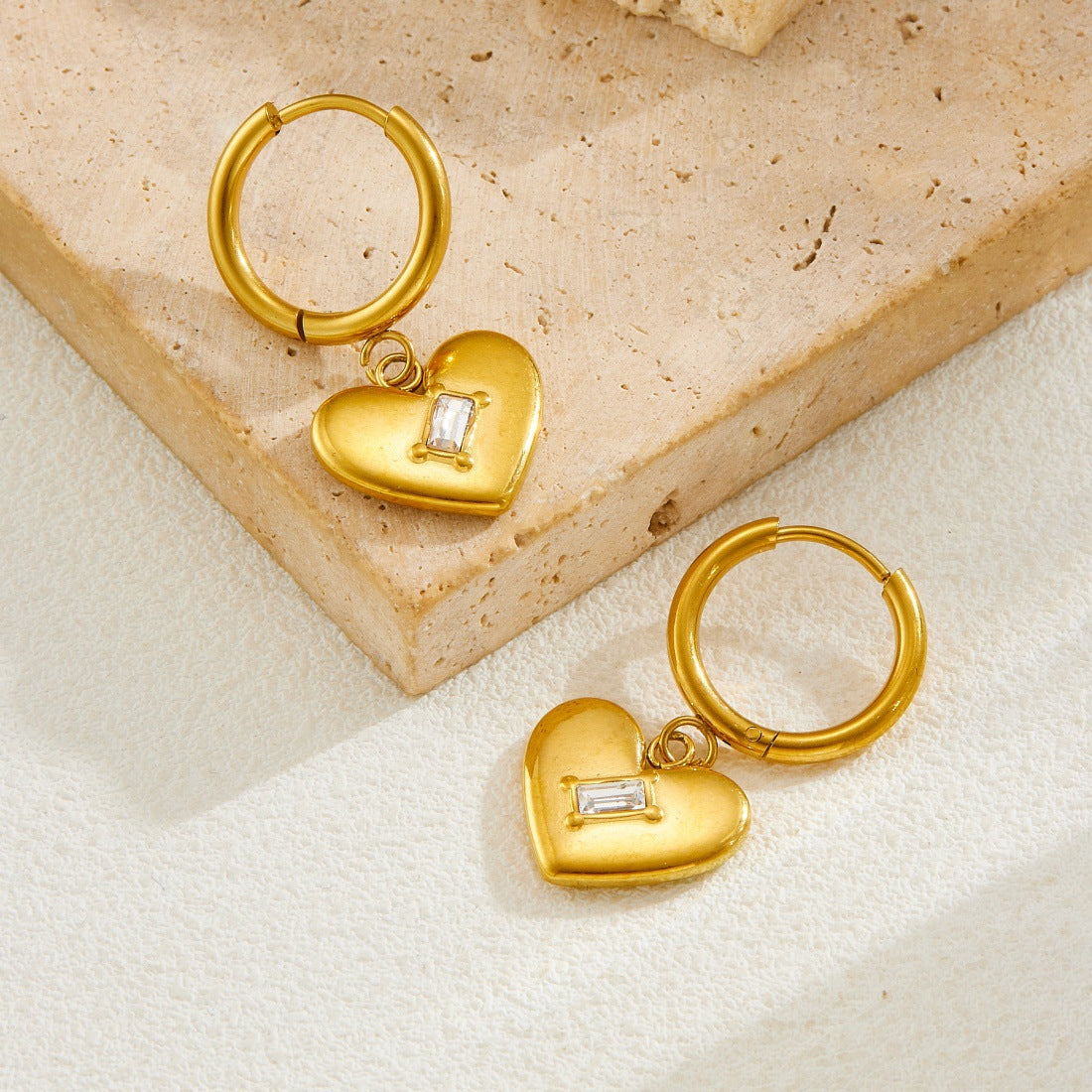 Minimalist Gold Plated Stainless Steel Square Heart Rhinestone Earrings