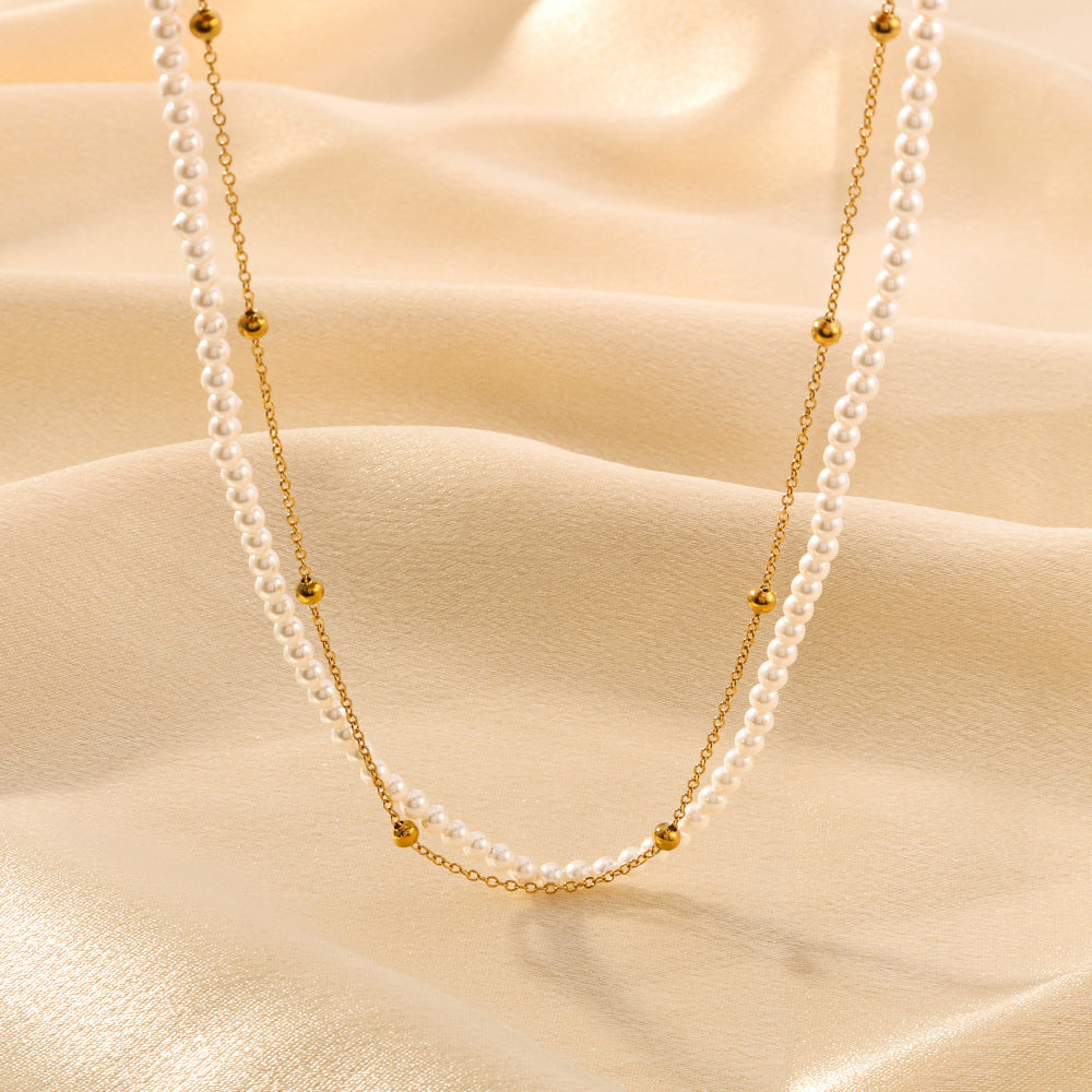 Vintage French-Inspired Geometric Pearl Necklace with Stainless Steel Chain and 18K Vacuum Plated Titanium Steel Pendant for Women