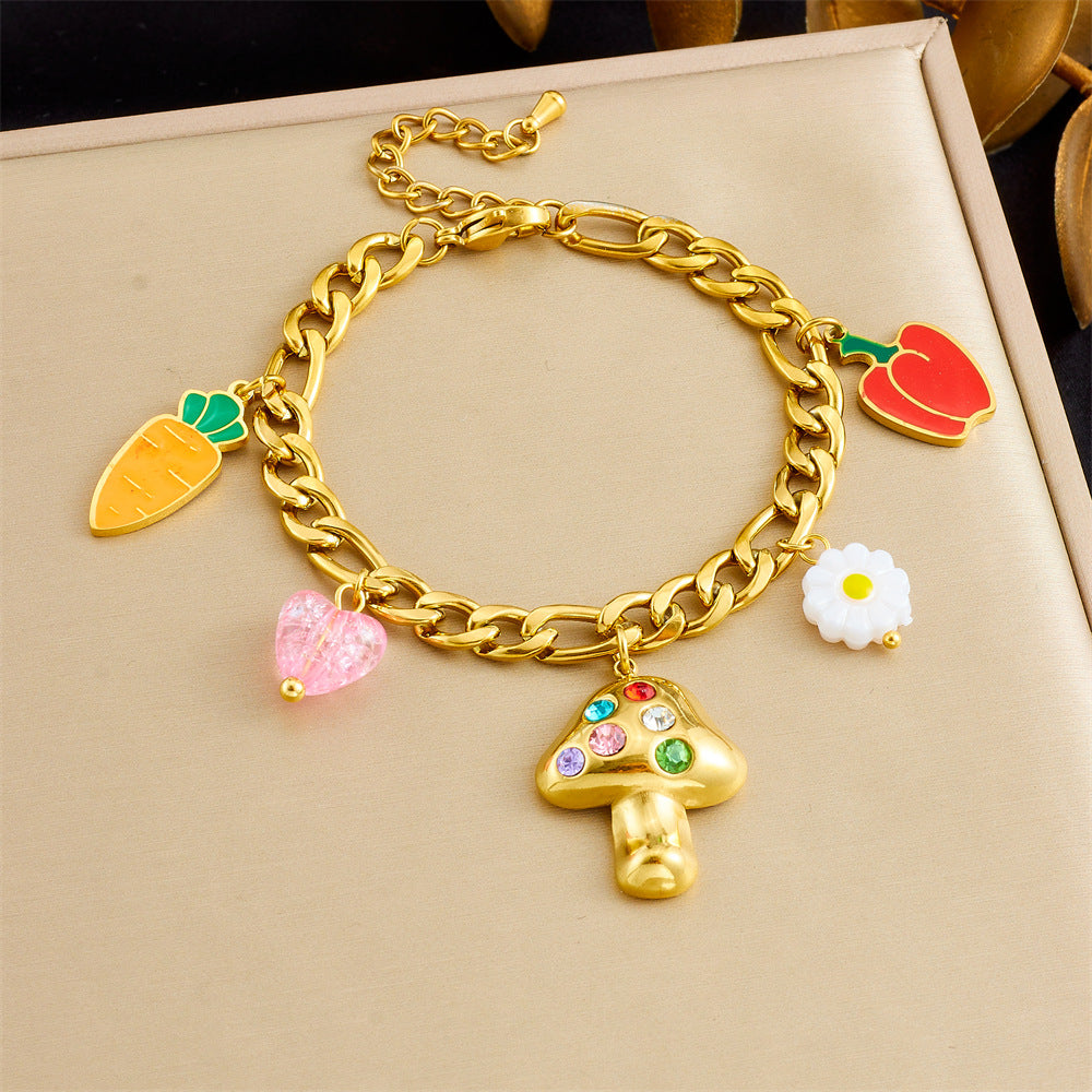 Fashionable Cute Enamel Bell Pepper Carrot Mushroom Flower Pendant Stainless Steel Bracelet for Women