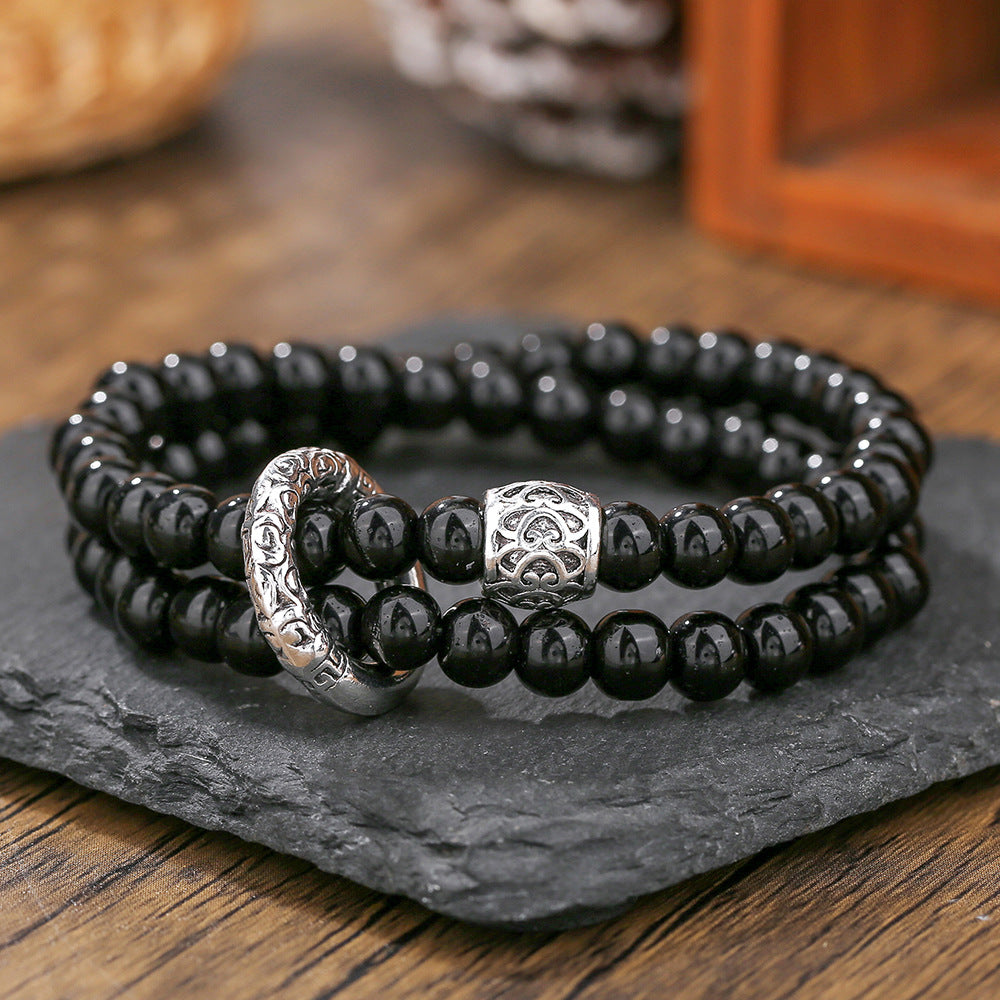 Vintage Chinese Zen Geometric Round Black Agate and Alloy Beaded Bracelet for Men and Women