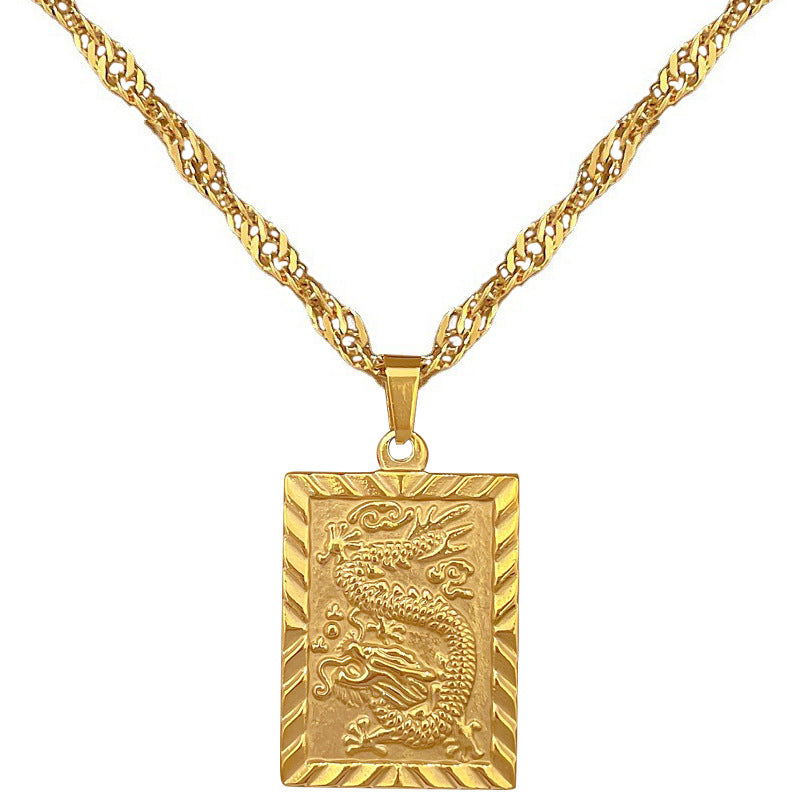 Minimalist Titanium Steel Geometric Feng Shui Lucky Dragon Pendant Necklace for Women and Men with Gold Plated Finish and Clavicle Chain Design