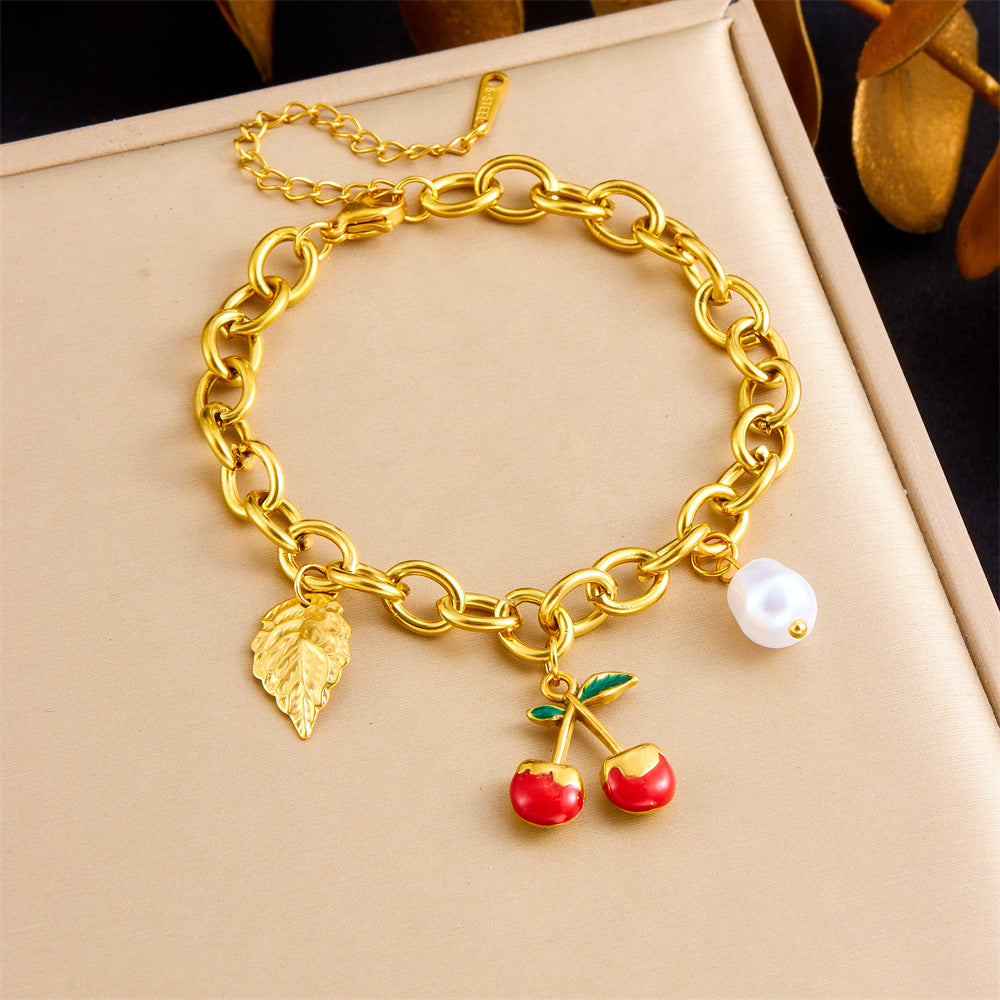 Sweet Gold Plated Stainless Steel Cherry Strawberry Pendant Bracelet
