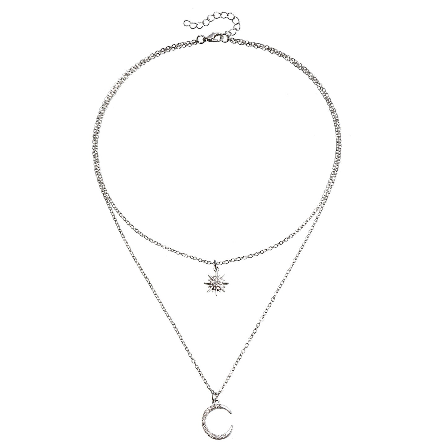 Minimalist Geometric Sun Moon Star Pendant Necklace with Rhinestone Inlay and Plated Metal Locket Chain for Women