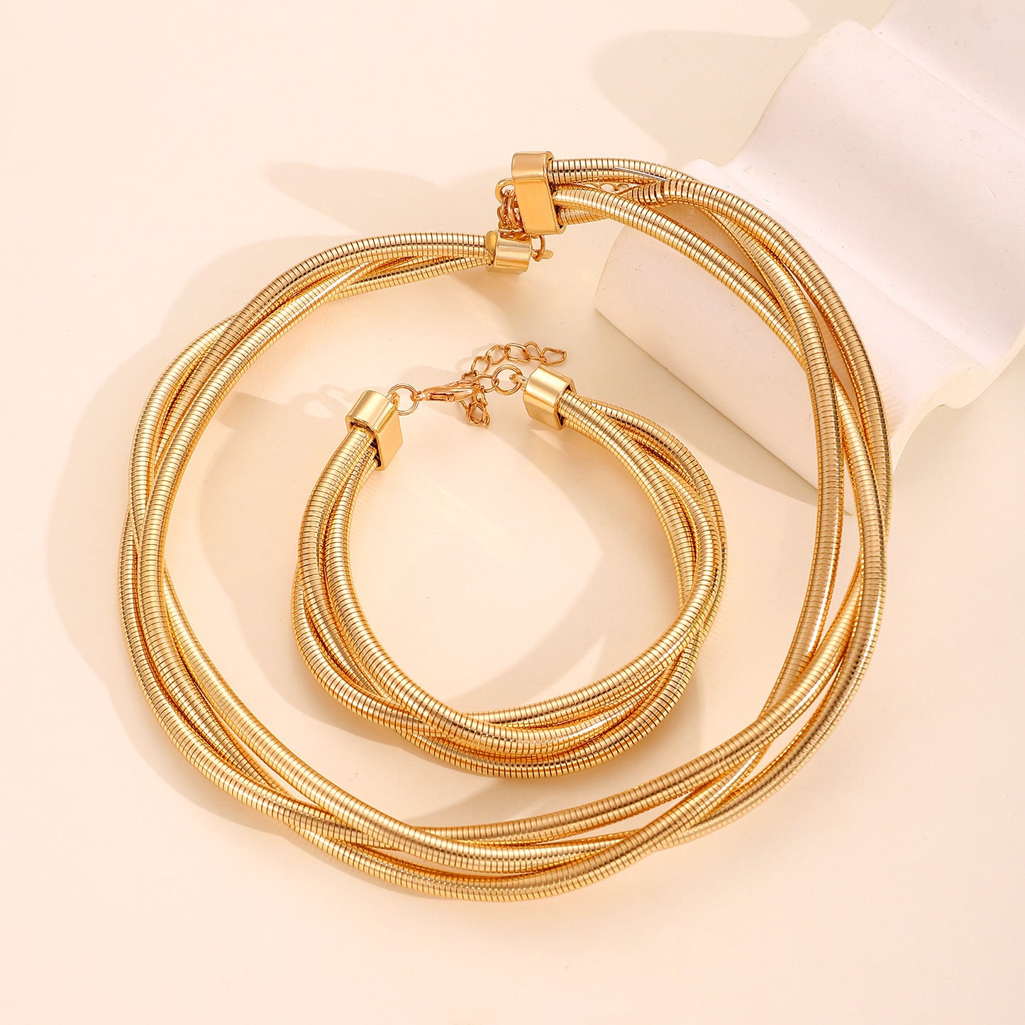Punk Hip-hop Luxury Geometric Alloy Plated Coil Choker Necklace and Bracelet Set