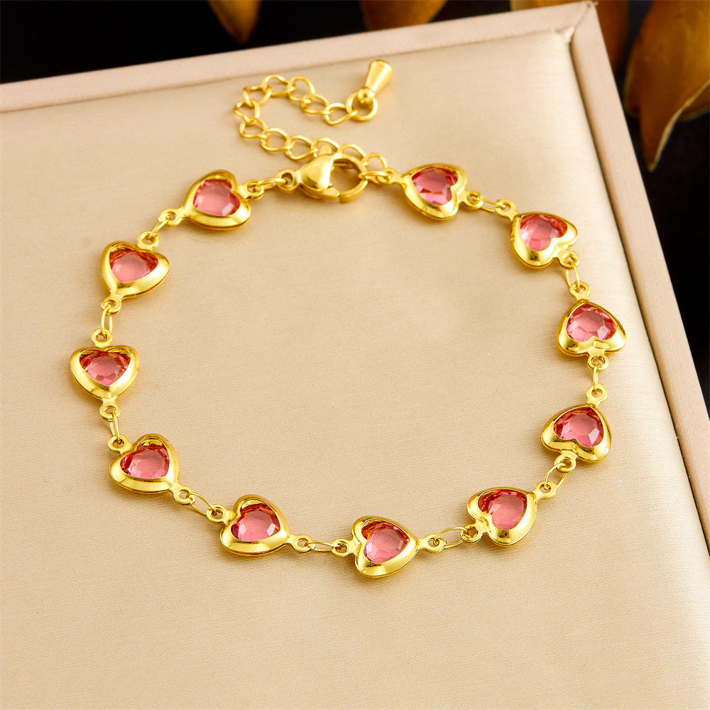 Minimalist Faceted Colorful Glass Rhinestone Heart Charm Stainless Steel Bracelet for Women