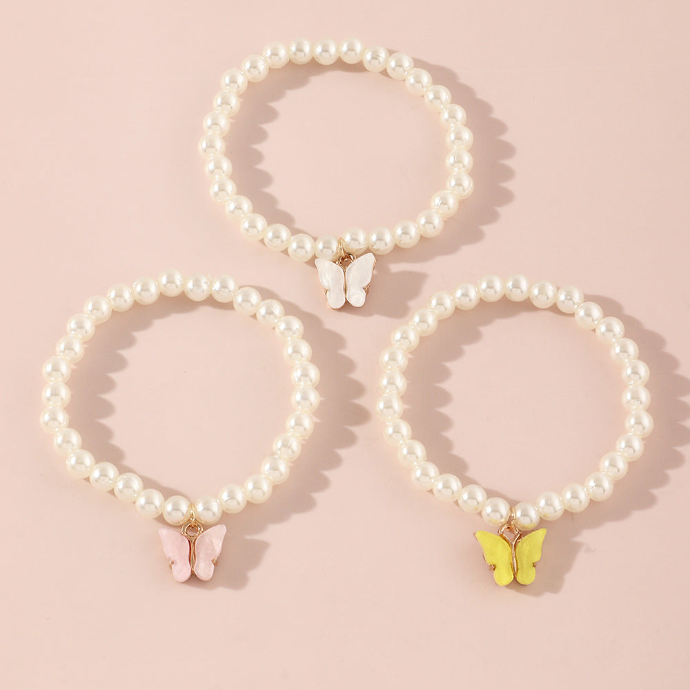 Braccialetto con perle e ciondolo a forma di farfalla in stile cartone animato per bambine con design geometrico, gioielli fatti a mano per bambini