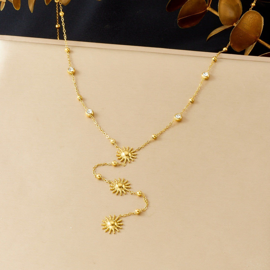 Elegant Gold Plated Stainless Steel Y-Chain Necklace with Rhinestone Floral and Star Charms
