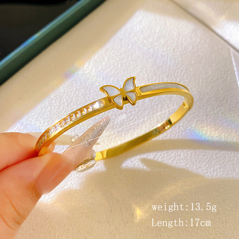 Elegant Micro-inlay Shell and Cubic Zirconia Butterfly Open Cuff Titanium Steel Bracelet