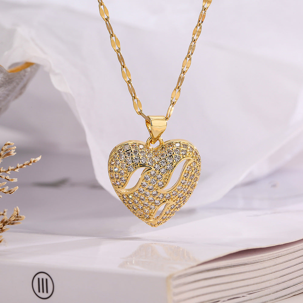 Minimalist Hollow Heart Shaped Zircon Pendant Necklace for Women in Copper with Fashionable Commuter Style