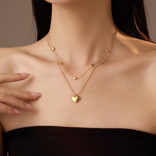 Fashionable Two-Layer Titanium Steel Heart Pendant Necklace for Women with Plated Finish