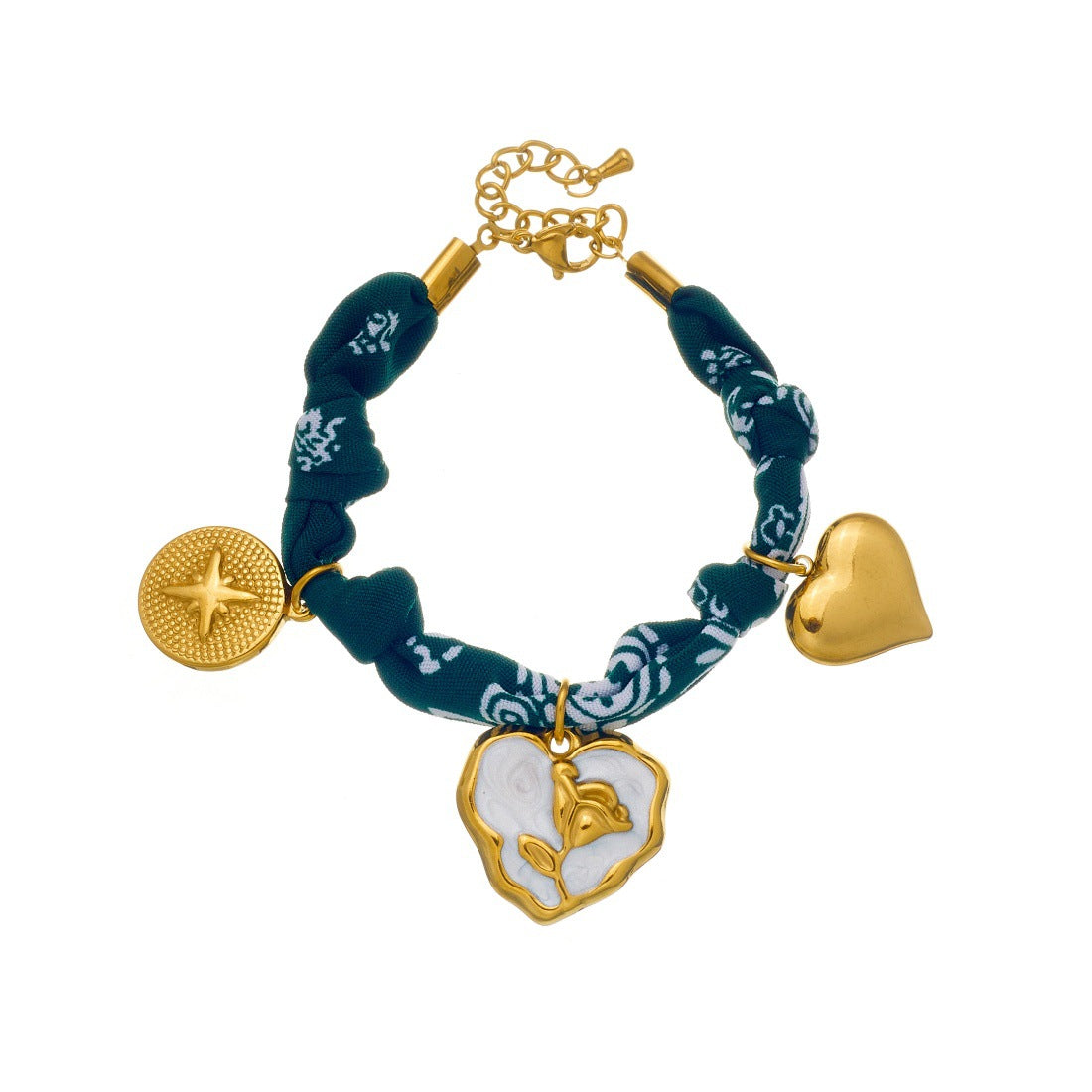 Vintage French Style Gold Plated Drip Oil Heart Floral Pendant Bracelet